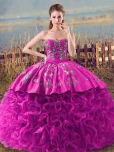Fuchsia Quince Ball Gowns Sweet 16 and Quinceanera with Embroidery and Ruffles Sweetheart Sleeveless Brush Train Lace Up