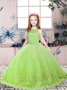 Yellow Green Ball Gowns Scoop Sleeveless Tulle Floor Length Backless Lace and Appliques Kids Pageant Dress