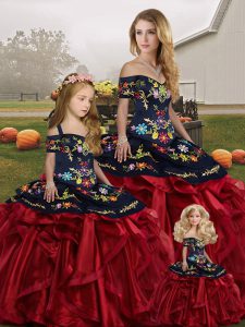 Attractive Organza Off The Shoulder Sleeveless Lace Up Embroidery and Ruffles Quinceanera Dresses in Red And Black