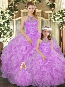 New Style Sleeveless Lace Up Floor Length Beading and Ruffles Quinceanera Gown