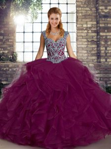 Fuchsia Ball Gowns Tulle Straps Sleeveless Beading and Ruffles Floor Length Lace Up Sweet 16 Dress