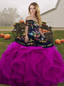 High Quality Sleeveless Floor Length Embroidery and Ruffles Lace Up Sweet 16 Dresses with Black And Purple