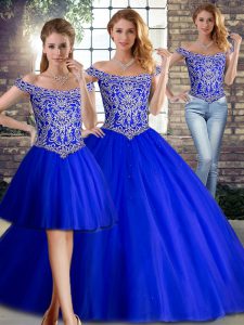 Unique Sleeveless Brush Train Lace Up Beading Quinceanera Gowns