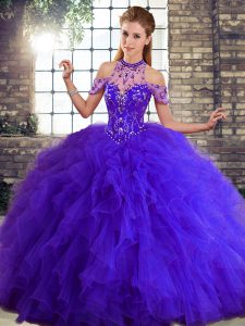 Graceful Ball Gowns Sweet 16 Dress Purple Halter Top Tulle Sleeveless Floor Length Lace Up
