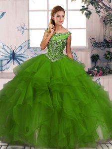 Colorful Floor Length Green Sweet 16 Dress Organza Sleeveless Beading and Ruffles