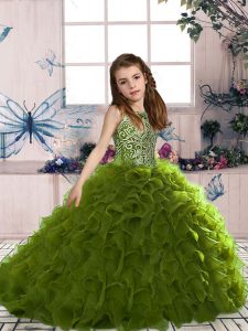 Olive Green High School Pageant Dress Party and Sweet 16 and Wedding Party with Beading and Ruffles Scoop Sleeveless Lace Up