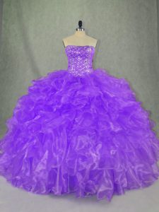 Purple Organza Lace Up Strapless Sleeveless Floor Length Quince Ball Gowns Beading and Ruffles