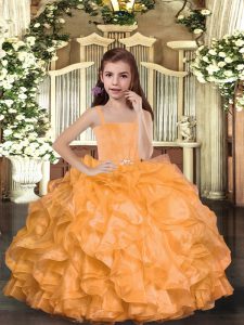 Popular Orange Ball Gowns Straps Sleeveless Organza Floor Length Lace Up Ruffles Little Girl Pageant Dress