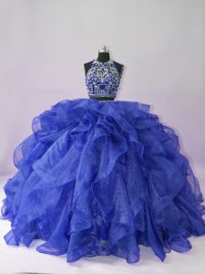 Attractive Floor Length Royal Blue Sweet 16 Dress Organza Sleeveless Beading and Ruffles