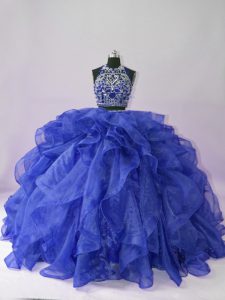 Attractive Floor Length Royal Blue Sweet 16 Dress Organza Sleeveless Beading and Ruffles