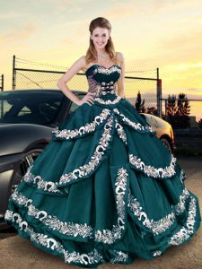 Flare Teal Sweetheart Neckline Embroidery and Ruffled Layers Quince Ball Gowns Sleeveless Lace Up