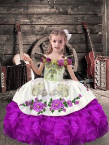 Excellent Off The Shoulder Sleeveless Little Girl Pageant Gowns Floor Length Beading and Embroidery and Ruffles Purple Organza