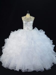 Fashionable Scoop Sleeveless Organza Quinceanera Dress Beading and Ruffles Lace Up