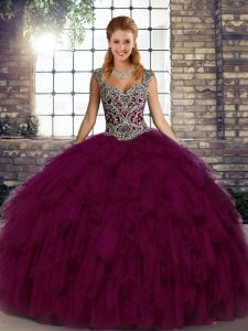 Dark Purple Straps Neckline Beading and Ruffles Sweet 16 Quinceanera Dress Sleeveless Lace Up