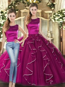 Comfortable Scoop Sleeveless Lace Up Sweet 16 Dress Fuchsia Tulle
