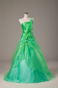 Romantic Floor Length Lace Up Sweet 16 Dresses Green for Sweet 16 and Quinceanera with Hand Made Flower