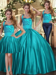 Excellent Floor Length Teal Quinceanera Gowns Satin Sleeveless Ruching
