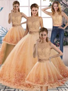 Gold and Peach Quinceanera Dresses Scalloped Sleeveless Sweep Train Backless