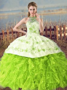 Stylish Sleeveless Floor Length Embroidery and Ruffles Lace Up Sweet 16 Dress with Court Train