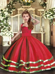 Ball Gowns Little Girl Pageant Gowns Red Straps Tulle Sleeveless Floor Length Lace Up