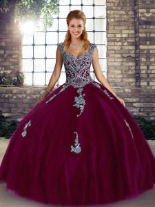 Fancy Fuchsia Ball Gowns Beading and Appliques Quinceanera Gowns Lace Up Tulle Sleeveless Floor Length