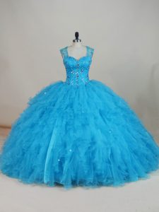 Baby Blue Tulle Zipper Straps Sleeveless Floor Length Sweet 16 Dresses Beading and Ruffles