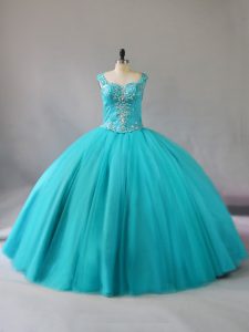 Aqua Blue Straps Neckline Beading Vestidos de Quinceanera Sleeveless Zipper