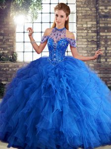Royal Blue Halter Top Neckline Beading and Ruffles Quinceanera Gowns Sleeveless Lace Up