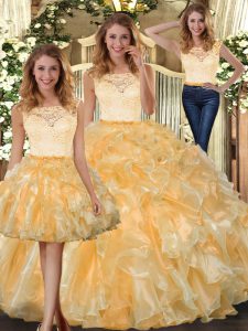 Sleeveless Organza Floor Length Clasp Handle Quinceanera Dress in Gold with Lace and Ruffles