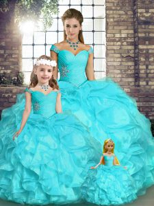 Aqua Blue Sleeveless Beading and Ruffles Floor Length 15th Birthday Dress