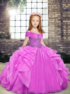 Lilac Lace Up Little Girl Pageant Gowns Beading and Ruffles Sleeveless Floor Length