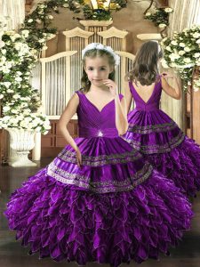 Top Selling Eggplant Purple Ball Gowns Beading and Appliques and Ruffles and Ruching Little Girl Pageant Dress Backless Organza Sleeveless Floor Length