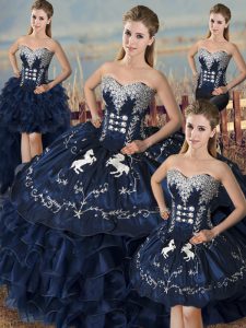 Great Embroidery and Ruffles Quinceanera Dresses Navy Blue Lace Up Sleeveless Floor Length