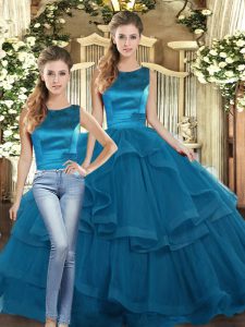 Teal Scoop Lace Up Ruffles Quince Ball Gowns Sleeveless