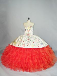 Coral Red Ball Gowns Organza Sweetheart Sleeveless Embroidery and Ruffles Floor Length Lace Up Sweet 16 Dress
