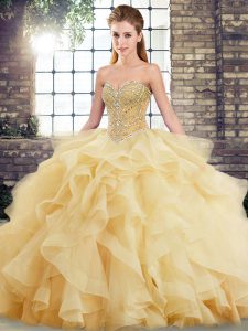 Brush Train Ball Gowns 15th Birthday Dress Gold Sweetheart Tulle Sleeveless Lace Up