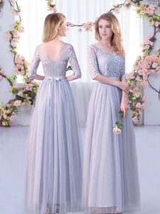 Floor Length Side Zipper Quinceanera Court Dresses Grey for Wedding Party with Lace and Belt