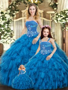 Affordable Blue Ball Gowns Strapless Sleeveless Tulle Floor Length Lace Up Beading and Ruffles Sweet 16 Quinceanera Dress