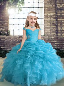 Floor Length Lace Up Little Girls Pageant Dress Blue for Party and Wedding Party with Beading and Ruffles and Pick Ups