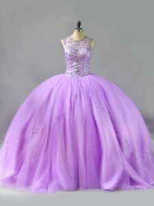Eye-catching Lavender Ball Gowns Scoop Sleeveless Tulle Floor Length Lace Up Beading Quinceanera Dresses