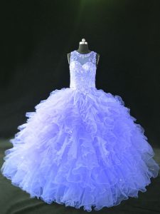 Admirable Sleeveless Floor Length Beading and Ruffles Lace Up 15 Quinceanera Dress with Lavender
