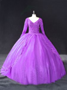 Purple Tulle Lace Up Quinceanera Gown Long Sleeves Floor Length Lace and Appliques