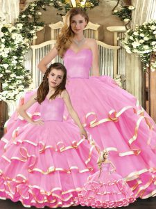 Vintage Rose Pink Sleeveless Organza Lace Up Quinceanera Dresses for Military Ball and Sweet 16 and Quinceanera