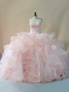 Cheap Brush Train Ball Gowns Vestidos de Quinceanera Pink Sweetheart Tulle Sleeveless Lace Up