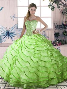 Yellow Green Sweetheart Lace Up Ruffled Layers Quince Ball Gowns Brush Train Sleeveless