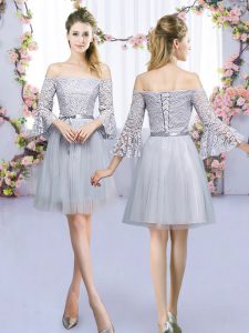 Grey 3 4 Length Sleeve Mini Length Lace and Belt Lace Up Quinceanera Dama Dress