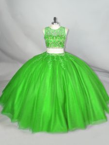 Scoop Sleeveless Quince Ball Gowns Floor Length Beading and Appliques Green Tulle