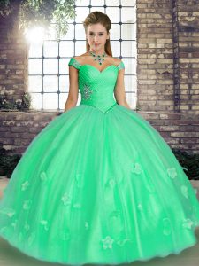 Custom Fit Turquoise and Apple Green Sleeveless Beading and Appliques Floor Length Quinceanera Gowns