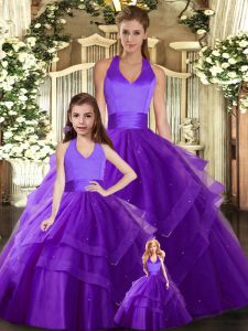 Trendy Purple Sleeveless Floor Length Ruching Lace Up Quinceanera Gown