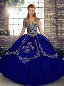 Clearance Sleeveless Tulle Floor Length Lace Up Sweet 16 Quinceanera Dress in Blue with Beading and Embroidery